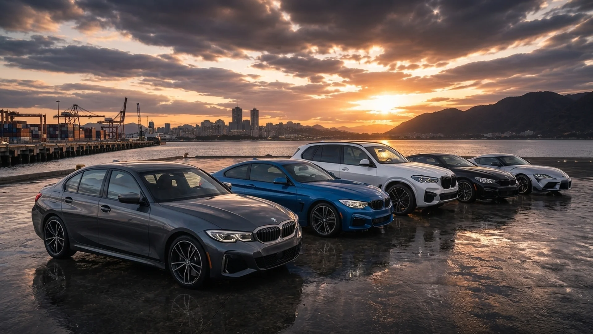 Angled view of BMW B58 performance lineup including M340i, 440i, X5, and Supra